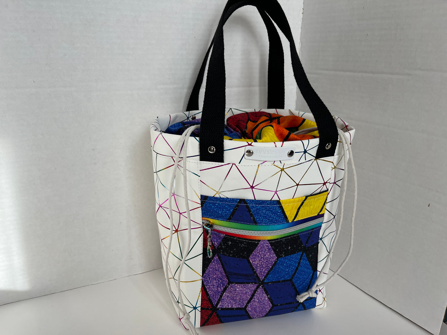 Rainbow Geometric Project Bag, Firefly Tote, Cotton and Vinyl Bag