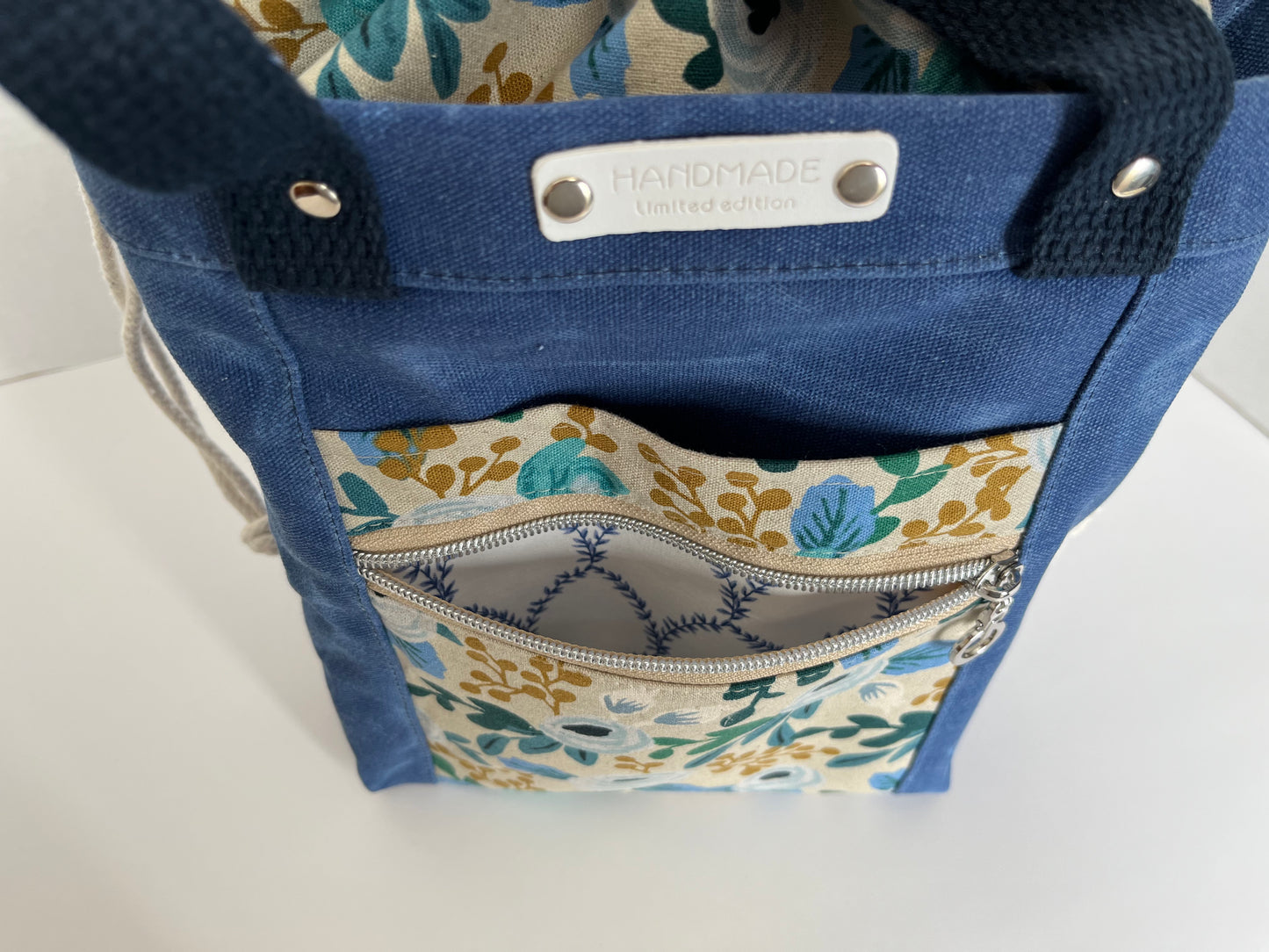 Blue Floral Themed Project Bag, Firefly Tote, Waxed Canvas