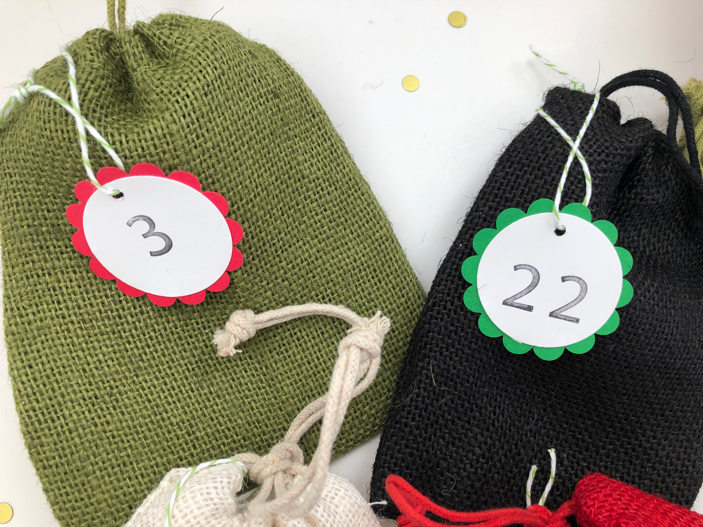 Burlap Advent Gift Bags Set with Handmade Number Tags