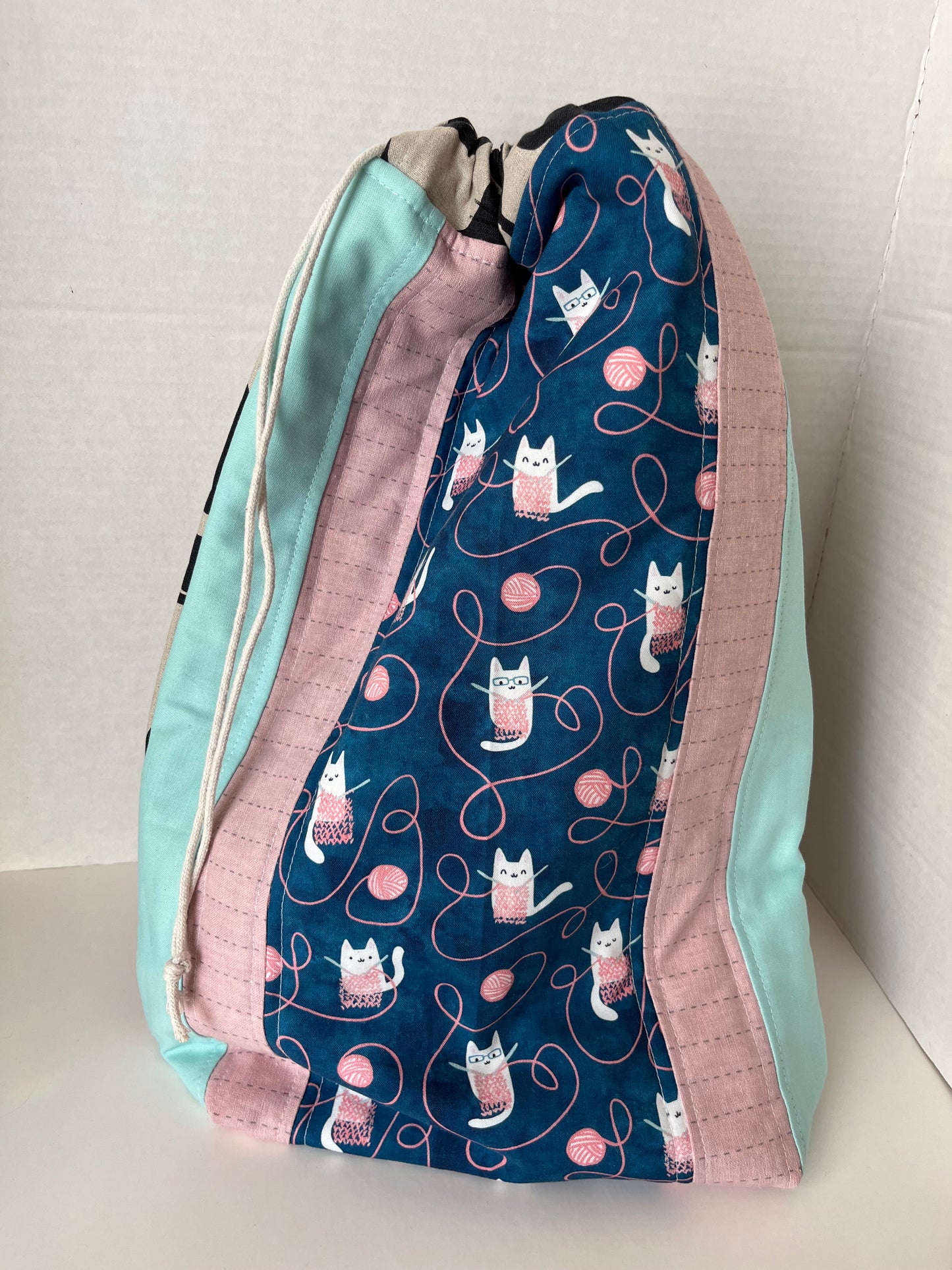 Cat Themed Linen and Canvas Knitting Project Bag
