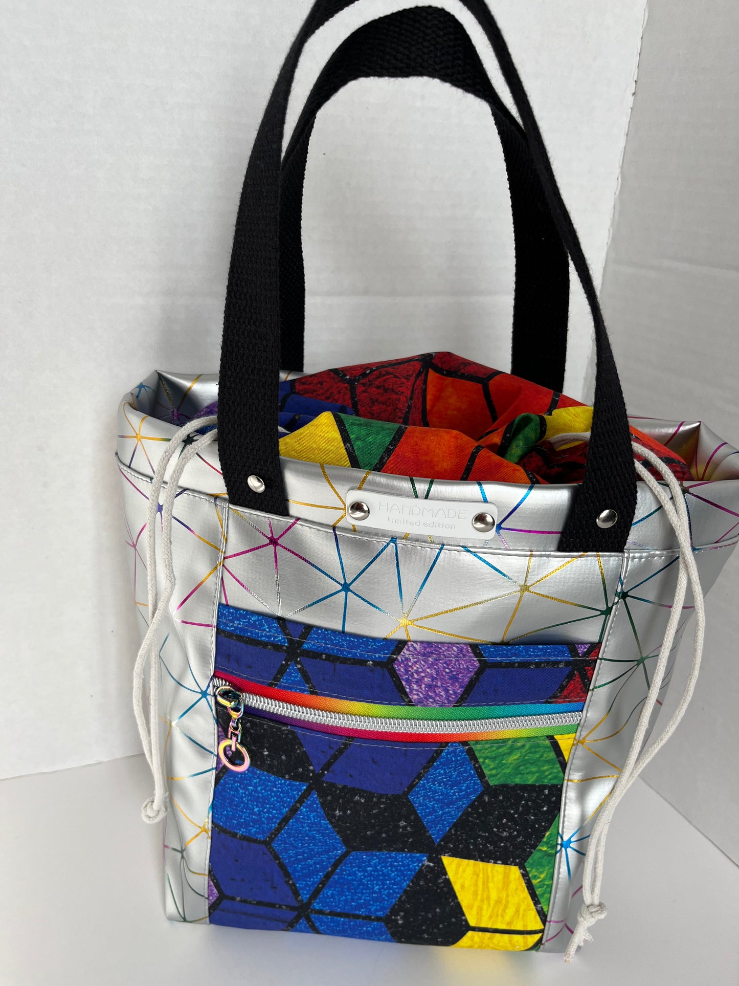 Silver Rainbow Geometric Project Bag, Firefly Tote, Cotton and Vinyl Bag