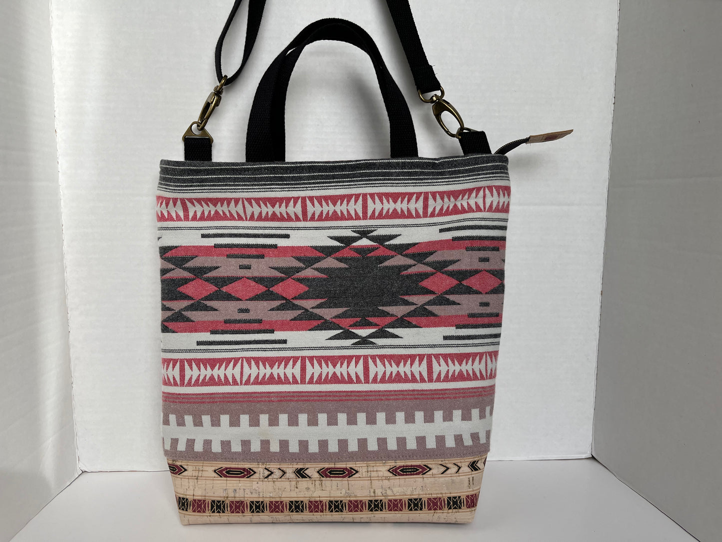 Boho Taos Flannel Cross Body Tote Bag black and red with Printed Cork Base