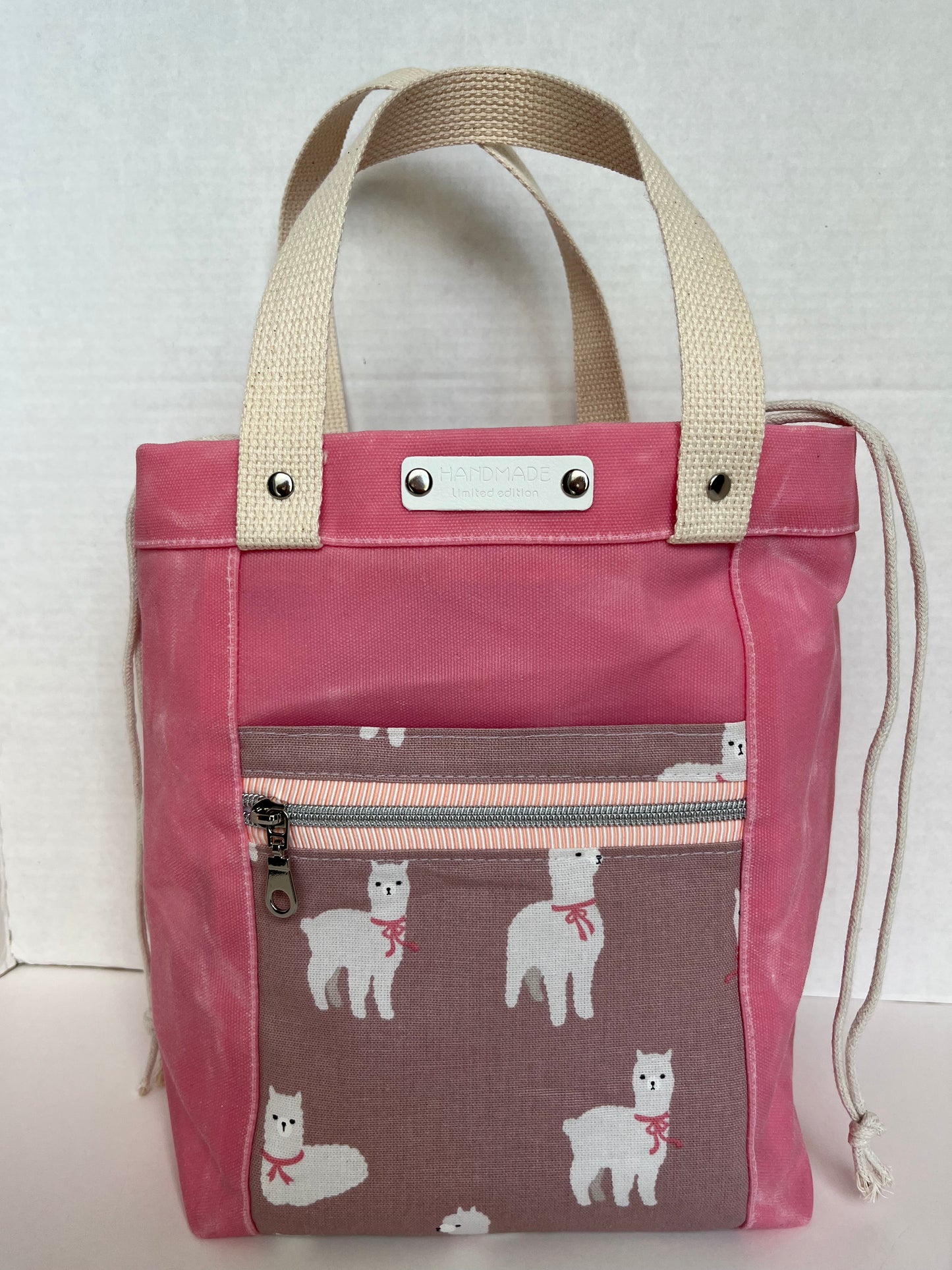 Pink Alpaca Themed Project Bag, Firefly Tote, Waxed Canvas