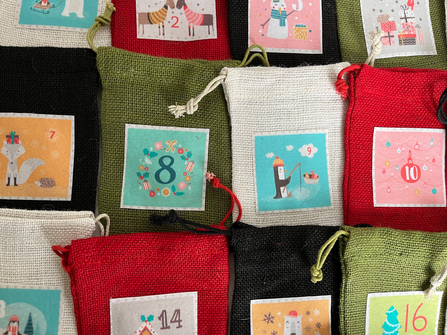 Advent Calendar Drawstring Gift Bags Bright Pastel Panels Set of 24
