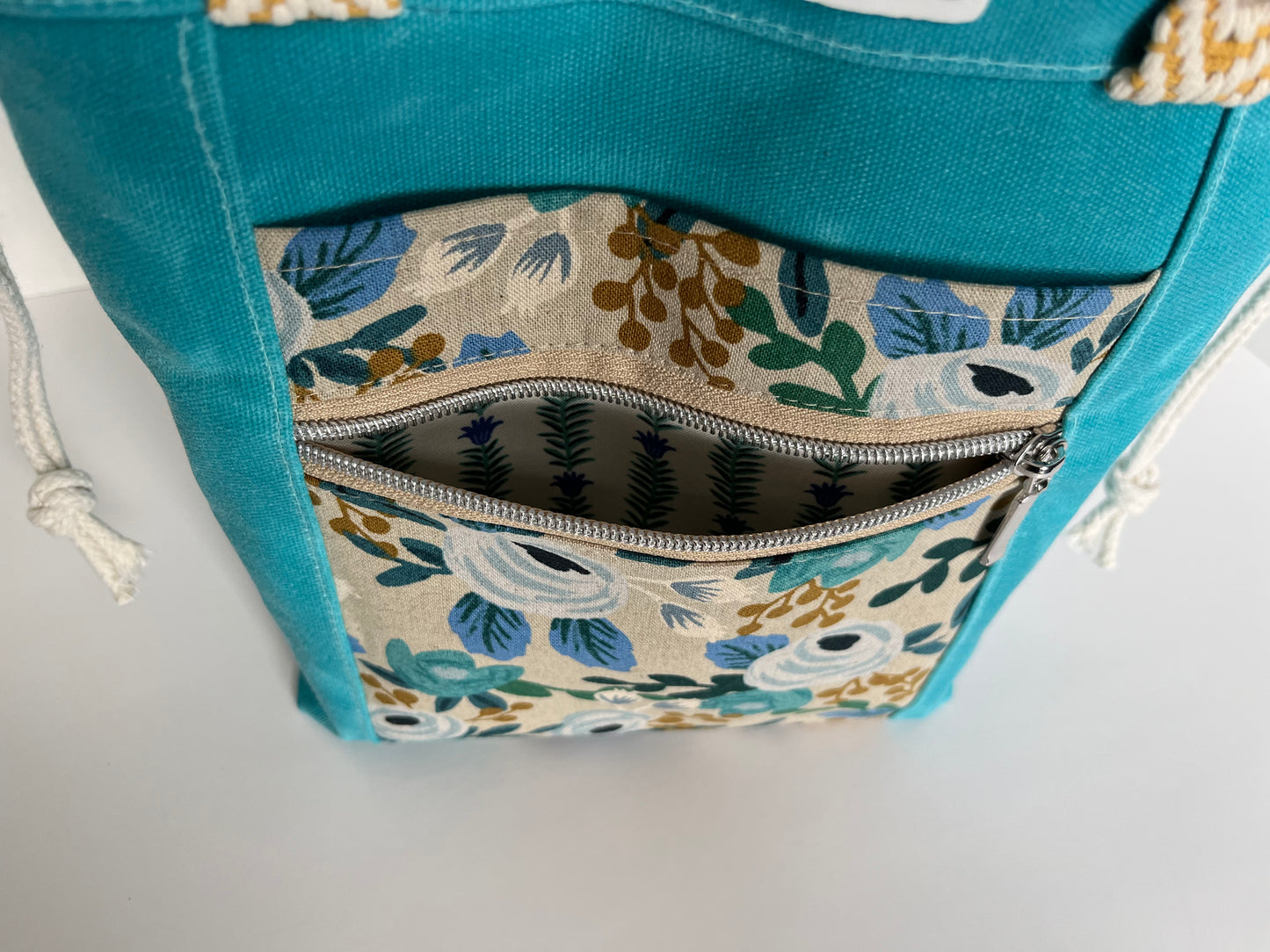 Aqua Blue Floral Themed Project Bag, Firefly Tote, Waxed Canvas