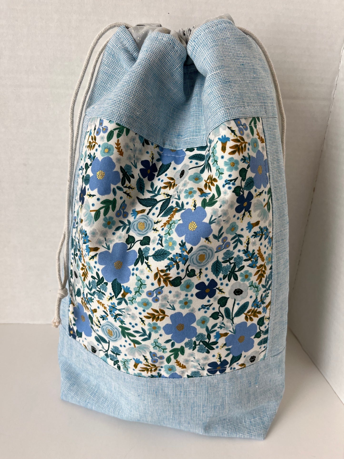 Light Blue Linen and Rifle Paper Co Floral Knitting Project Bag