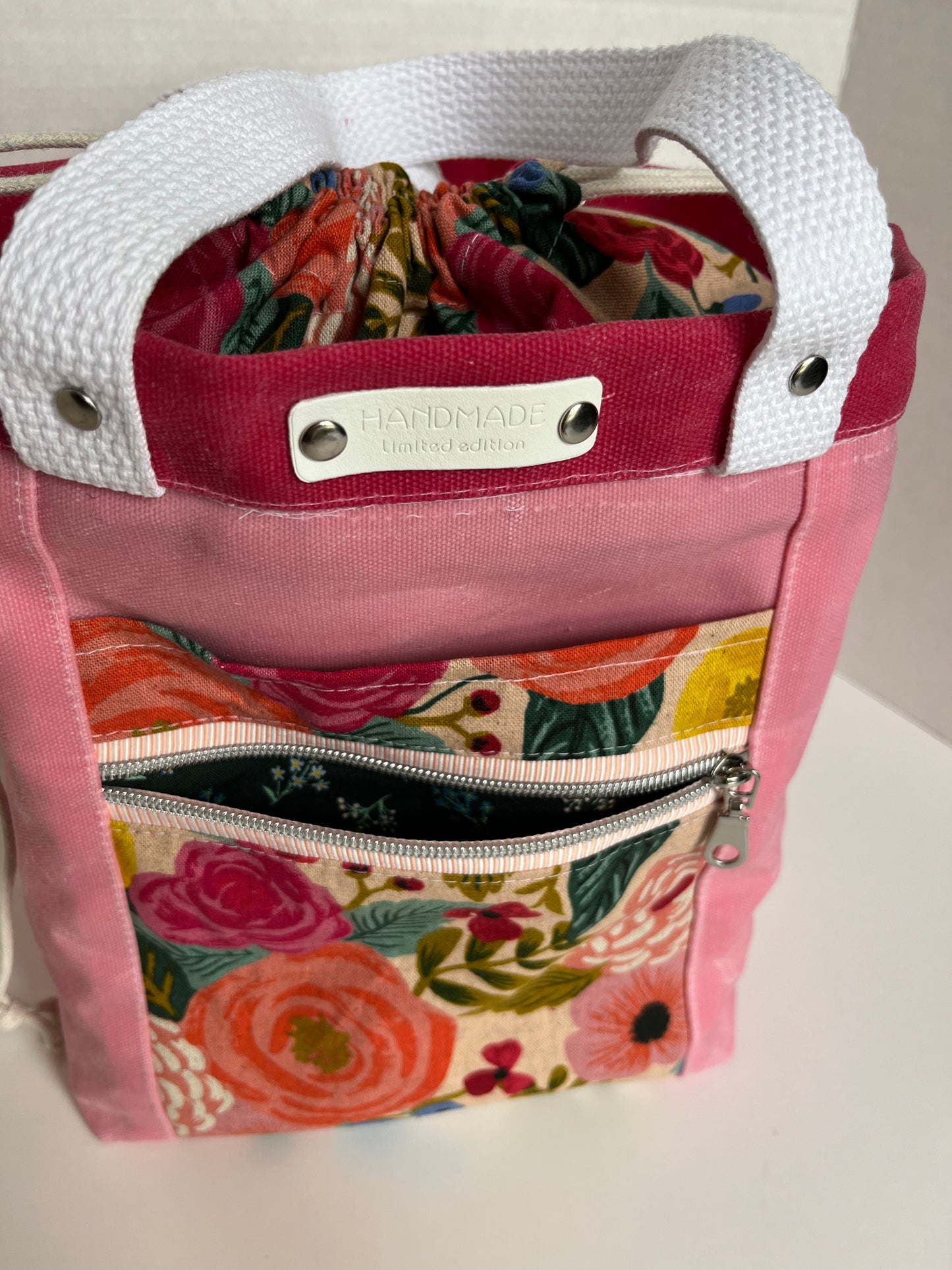 Pink Floral Themed Project Bag, Firefly Tote, Waxed Canvas