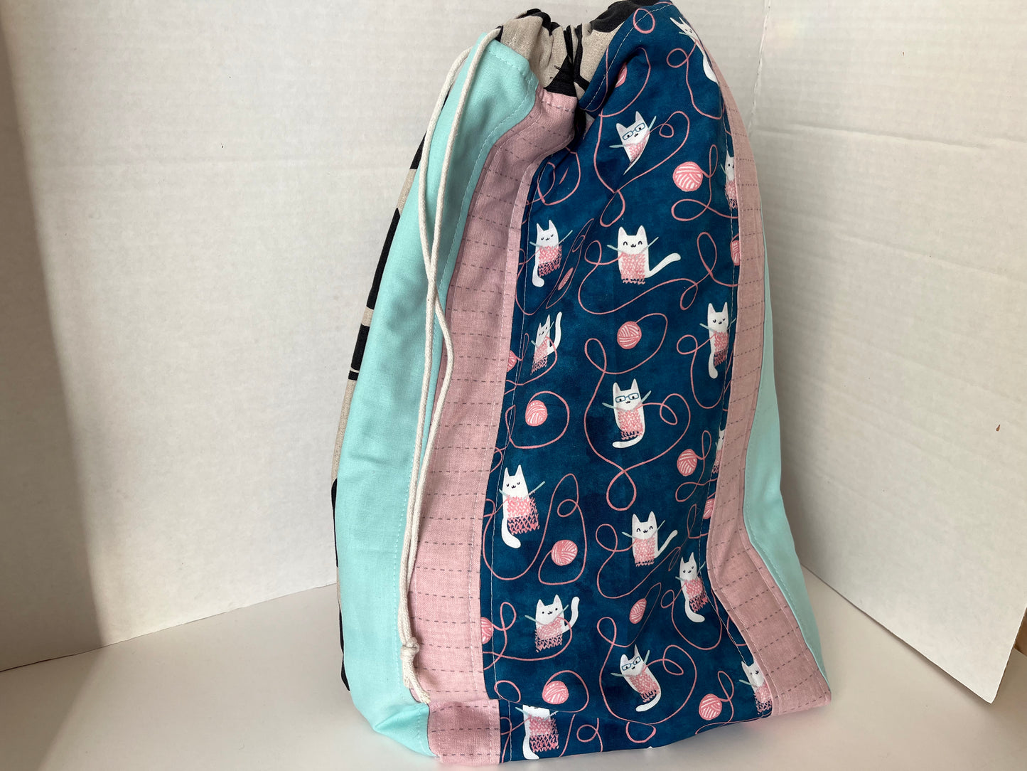 Cat Themed Linen and Canvas Knitting Project Bag