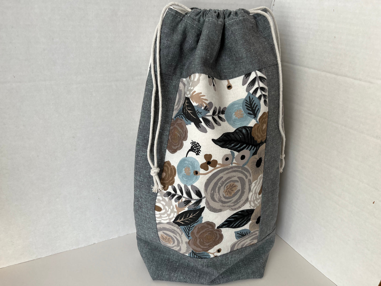 Blue-grey Linen and Rifle Paper Co Floral Knitting Project Bag