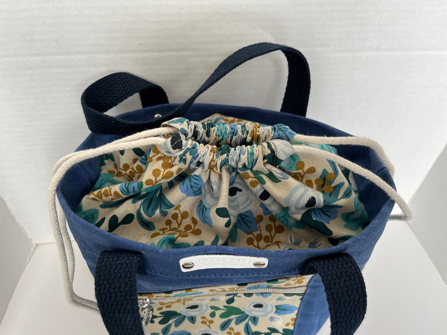 Blue Floral Themed Project Bag, Firefly Tote, Waxed Canvas
