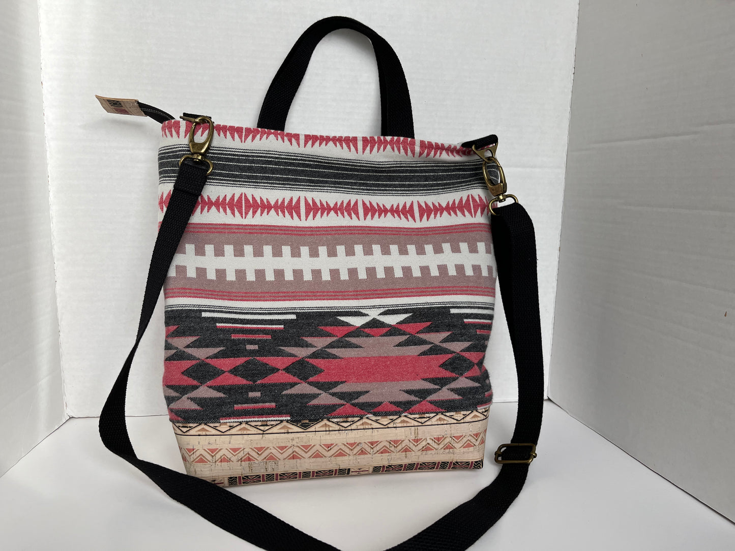 Boho Taos Flannel Cross Body Tote Bag black and red with Printed Cork Base