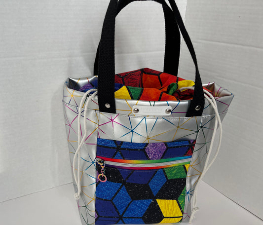 Silver Rainbow Geometric Project Bag, Firefly Tote, Cotton and Vinyl Bag