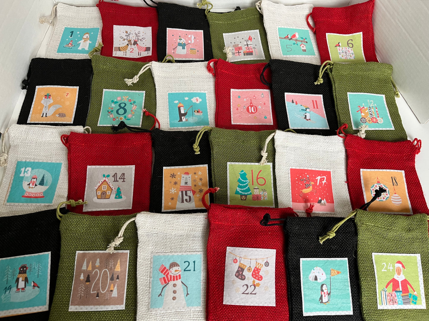 Advent Calendar Drawstring Gift Bags Bright Pastel Panels Set of 24