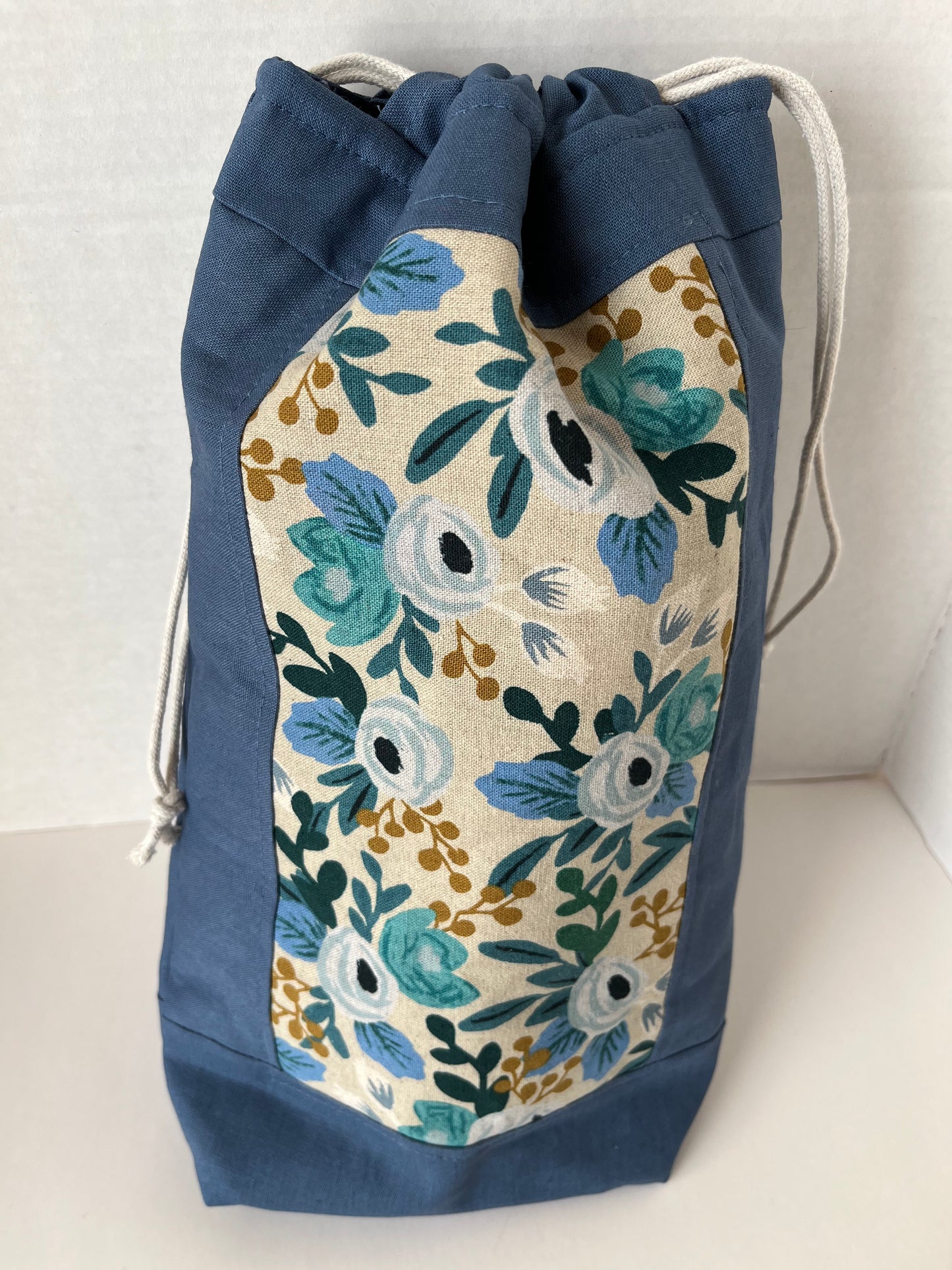 Blue Linen and Rifle Paper Co Floral Knitting Project Bag
