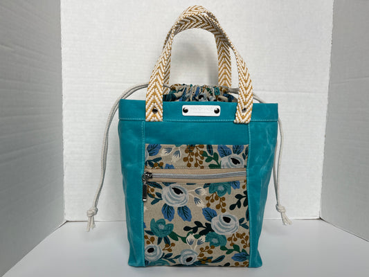 Aqua Blue Floral Themed Project Bag, Firefly Tote, Waxed Canvas