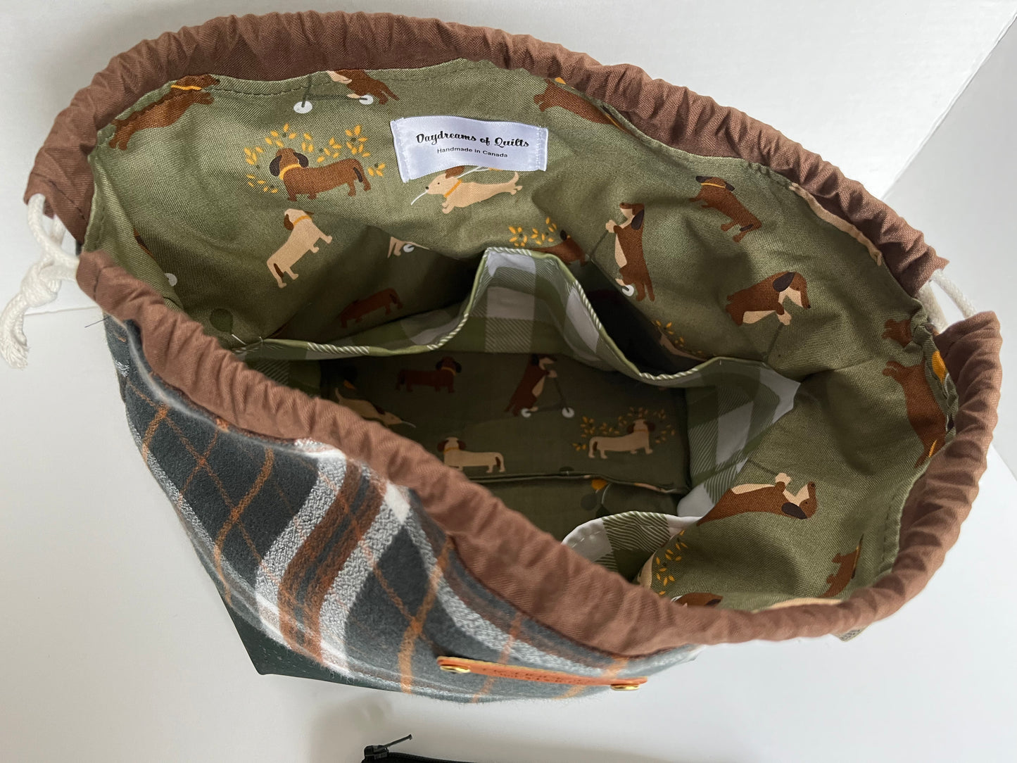 Green Plaid Flannel Small Knitting Bag Set, Fall Project Bag, Finch Bucket Bag